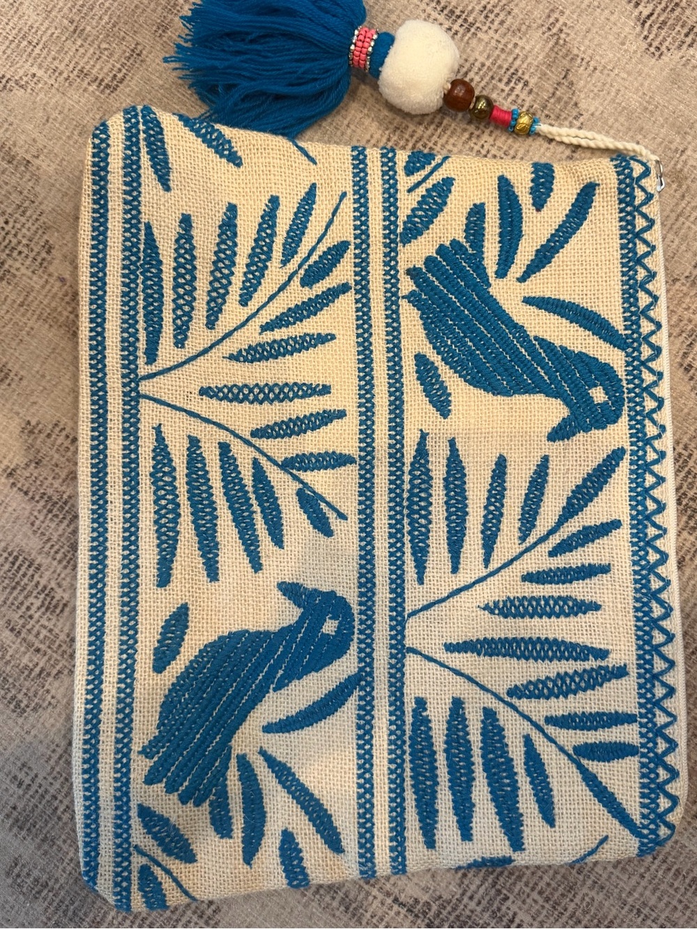 Star Mela Blue Embroidered Bird Tassel Boho Canvas Zip Bag 12" x 10" - Picture 12 of 12